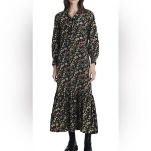 ALIGNE Cottage Core Tie Neck Maxi Dress in Floral on Black Size 6 UK 8